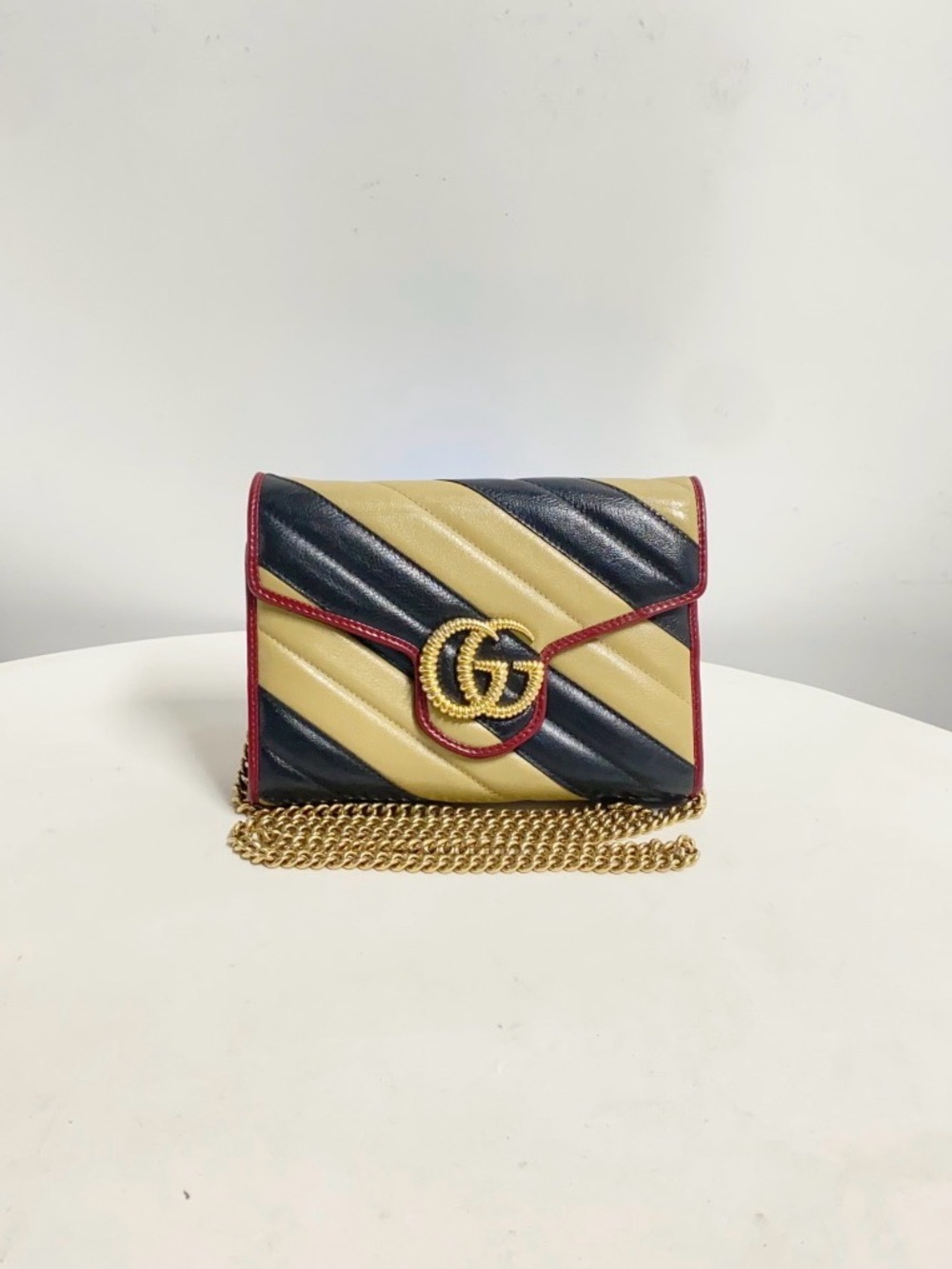 Celine Diagonal Stripe Crossbody in Navy, Cream and Red Trim